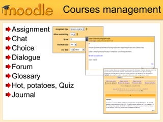 Courses management Assignment Chat  Choice  Dialogue Forum  Glossary Hot, potatoes, Quiz Journal  