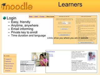 Learners Login Easy, friendly Anytime, anywhere Email informing Private key to enroll Time duration and language Llinks show you where you are in website 