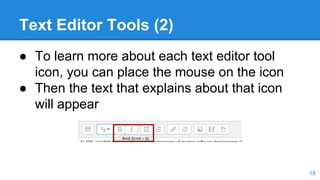 Text Editor Tools (2)
● To learn more about each text editor tool
icon, you can place the mouse on the icon
● Then the text that explains about that icon
will appear
18
 