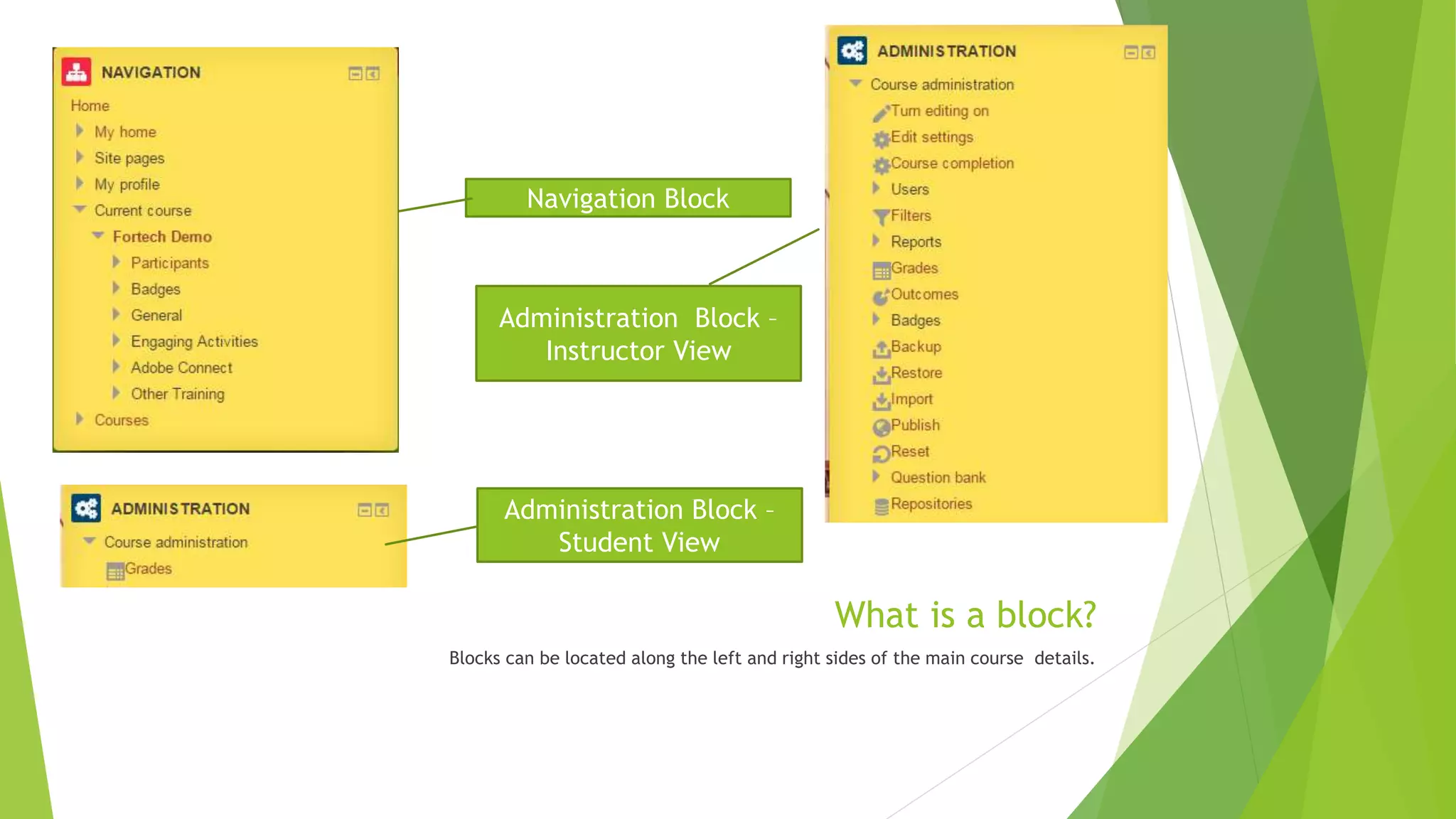 What is a block?
Blocks can be located along the left and right sides of the main course details.
Navigation Block
Administration Block –
Instructor View
Administration Block –
Student View