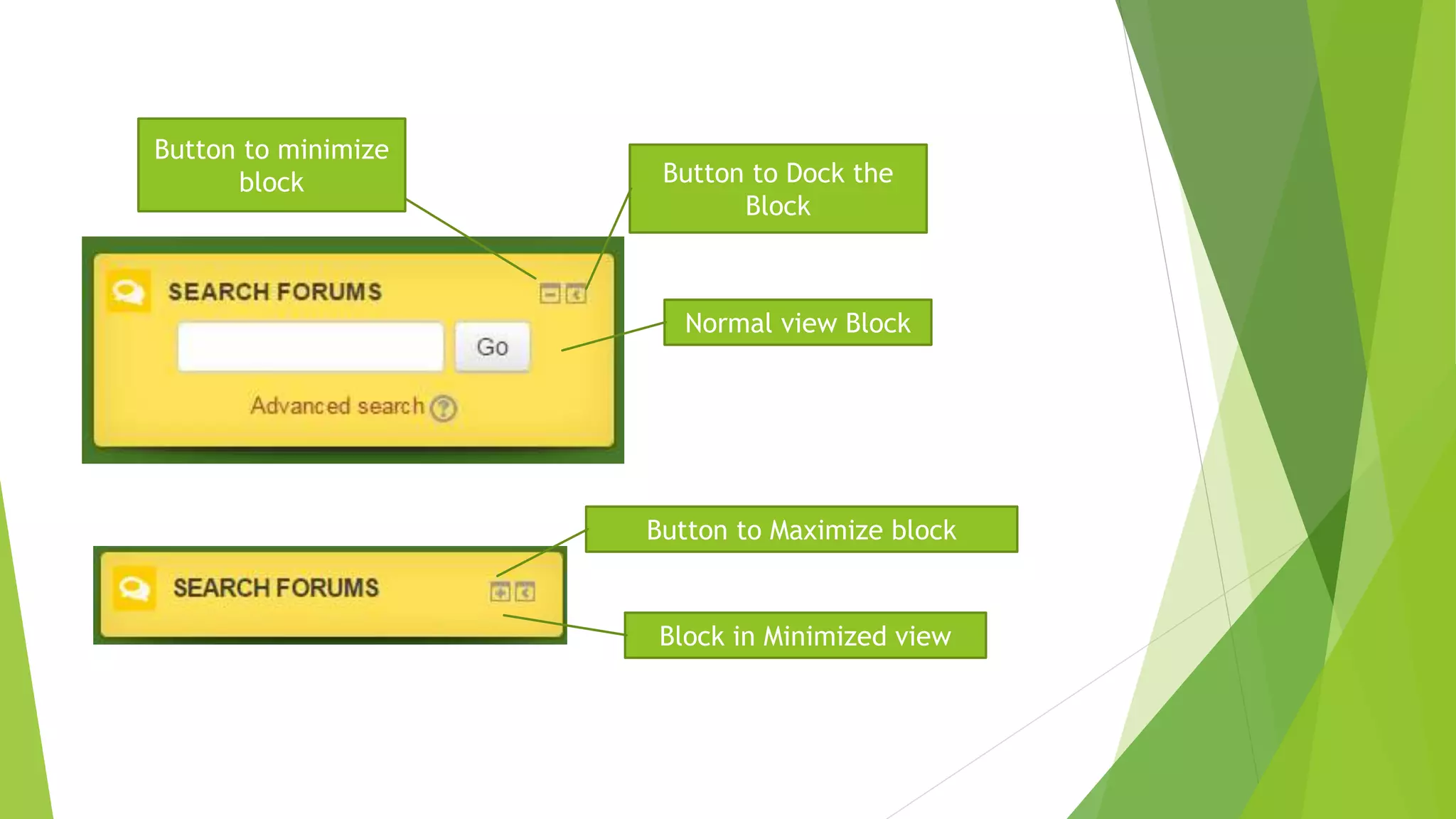 Normal view Block
Button to Dock the
Block
Button to minimize
block
Block in Minimized view
Button to Maximize block