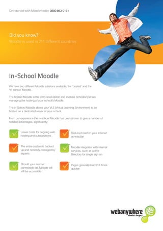 Get started with Moodle today: 0800 862 0131




Did you know?
Moodle is used in 211 different countries




In-School Moodle
We have two different Moodle solutions available; the ‘hosted’ and the
‘in-school’ Moodle.

The hosted Moodle is the entry-level option and involves SchoolAnywhere
managing the hosting of your school’s Moodle.

The in-School Moodle allows your VLE (Virtual Learning Environment) to be
hosted on a dedicated server at your school.

From our experience the in-school Moodle has been shown to give a number of
notable advantages, significantly:


         Lower costs for ongoing web                Reduced load on your internet
         hosting and subscriptions                  connection


         The entire system is backed                Moodle integrates with internal
         up and remotely managed by                 services, such as Active
         experts                                    Directory for single sign on


         Should your internet                       Pages generally load 2-3 times
         connection fail, Moodle will               quicker
         still be accessible
 
