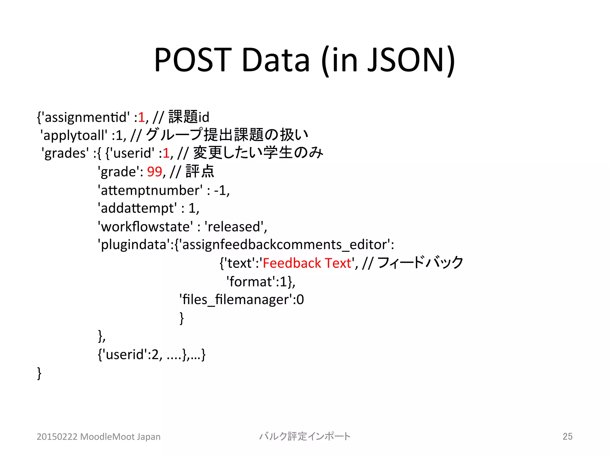 POST	
  Data	
  (in	
  JSON)	
{'assignmen^d'	
  :1,	
  //	
  課題id	
  
	
  'applytoall'	
  :1,	
  //	
  グループ提出課題の扱い	
'grades'	
  :{	
  {'userid'	
  :1,	
  //	
  変更したい学生のみ	
  
	
   	
  'grade':	
  99,	
  //	
  評点	
  
	
   	
  'aHemptnumber'	
  :	
  -­‐1,	
  
	
   	
  'addaHempt'	
  :	
  1,	
  
	
   	
  'workﬂowstate'	
  :	
  'released',	
  
	
   	
  'plugindata':{'assignfeedbackcomments_editor':	
  
	
   	
   	
   	
   	
   	
  {'text':'Feedback	
  Text',	
  //	
  フィードバック	
  
	
   	
   	
   	
   	
   	
  	
  	
  'format':1},	
  
	
   	
   	
   	
  	
  	
  	
  	
  	
  	
  'ﬁles_ﬁlemanager':0	
  
	
   	
   	
   	
  	
  	
  	
  	
  	
  	
  }	
  
	
   	
  },	
  
	
   	
  {'userid':2,	
  ....},…}	
  
}	
20150222	
  MoodleMoot	
  Japan	
 バルク評定インポート	
 25	
 