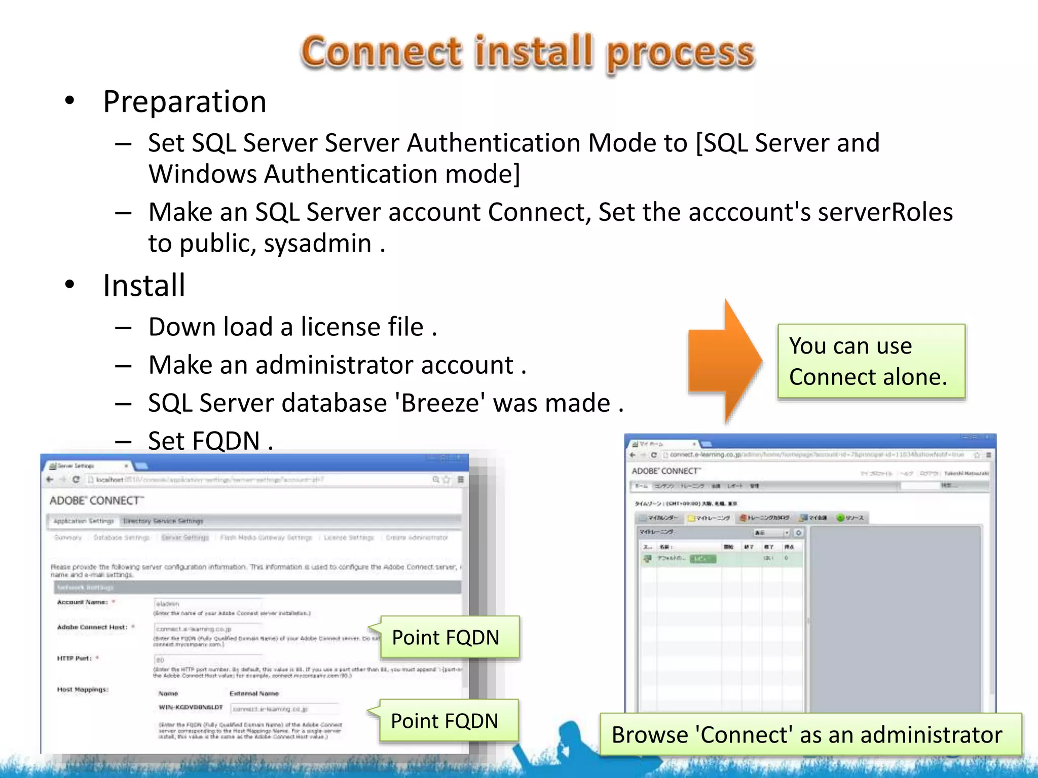 • Preparation
– Set SQL Server Server Authentication Mode to [SQL Server and
Windows Authentication mode]
– Make an SQL Server account Connect, Set the acccount's serverRoles
to public, sysadmin .
• Install
– Down load a license file .
– Make an administrator account .
– SQL Server database 'Breeze' was made .
– Set FQDN .
Browse 'Connect' as an administrator
You can use
Connect alone.
Point FQDN
Point FQDN
 