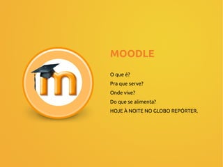MOODLE
O que é?
Pra que serve?
Onde vive?
Do que se alimenta?
HOJE À NOITE NO GLOBO REPÓRTER.
 