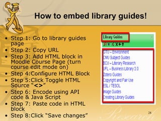 How to embed library guides! Step 1: Go to library guides page Step 2: Copy URL Step 3: Add HTML block in Moodle Course Page (turn course edit mode on) Step 4:Configure HTML Block Step 5:Click Toggle HTML Source “ <> ”  Step 6: Encode using API code & Java Script  Step 7: Paste code in HTML block  Step 8:Click “Save changes” 