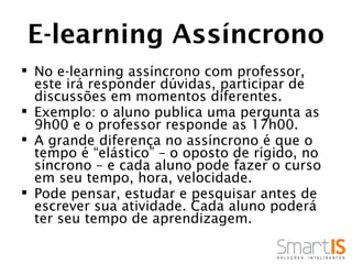 E-learning Assíncrono
 No e-learning assíncrono com professor,
  este irá responder dúvidas, participar de
  discussões em momentos diferentes.
 Exemplo: o aluno publica uma pergunta as
  9h00 e o professor responde as 17h00.
 A grande diferença no assíncrono é que o
  tempo é “elástico” – o oposto de rígido, no
  síncrono – e cada aluno pode fazer o curso
  em seu tempo, hora, velocidade.
 Pode pensar, estudar e pesquisar antes de
  escrever sua atividade. Cada aluno poderá
  ter seu tempo de aprendizagem.
 