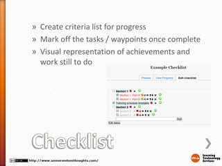 » Create criteria list for progress
» Mark off the tasks / waypoints once complete
» Visual representation of achievements and
work still to do
 