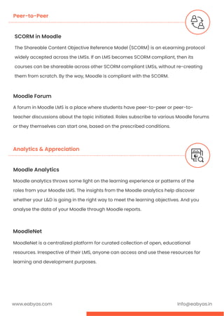www.eabyas.com Info@eabyas.in
SCORM in Moodle
The Shareable Content Objective Reference Model (SCORM) is an eLearning protocol
widely accepted across the LMSs. If an LMS becomes SCORM compliant, then its
courses can be shareable across other SCORM compliant LMSs, without re-creating
them from scratch. By the way, Moodle is compliant with the SCORM.
Moodle Forum
A forum in Moodle LMS is a place where students have peer-to-peer or peer-to-
teacher discussions about the topic initiated. Roles subscribe to various Moodle forums
or they themselves can start one, based on the prescribed conditions.
Peer-to-Peer
Moodle Analytics
Moodle analytics throws some light on the learning experience or patterns of the
roles from your Moodle LMS. The insights from the Moodle analytics help discover
whether your L&D is going in the right way to meet the learning objectives. And you
analyse the data of your Moodle through Moodle reports.
Analytics & Appreciation
MoodleNet
MoodleNet is a centralized platform for curated collection of open, educational
resources. Irrespective of their LMS, anyone can access and use these resources for
learning and development purposes.
 