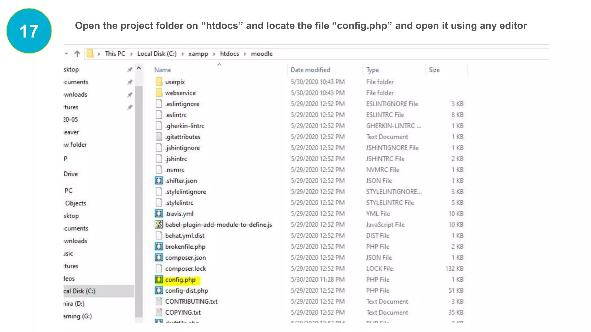 17 Open the project folder on “htdocs” and locate the file “config.php” and open it using any editor
 