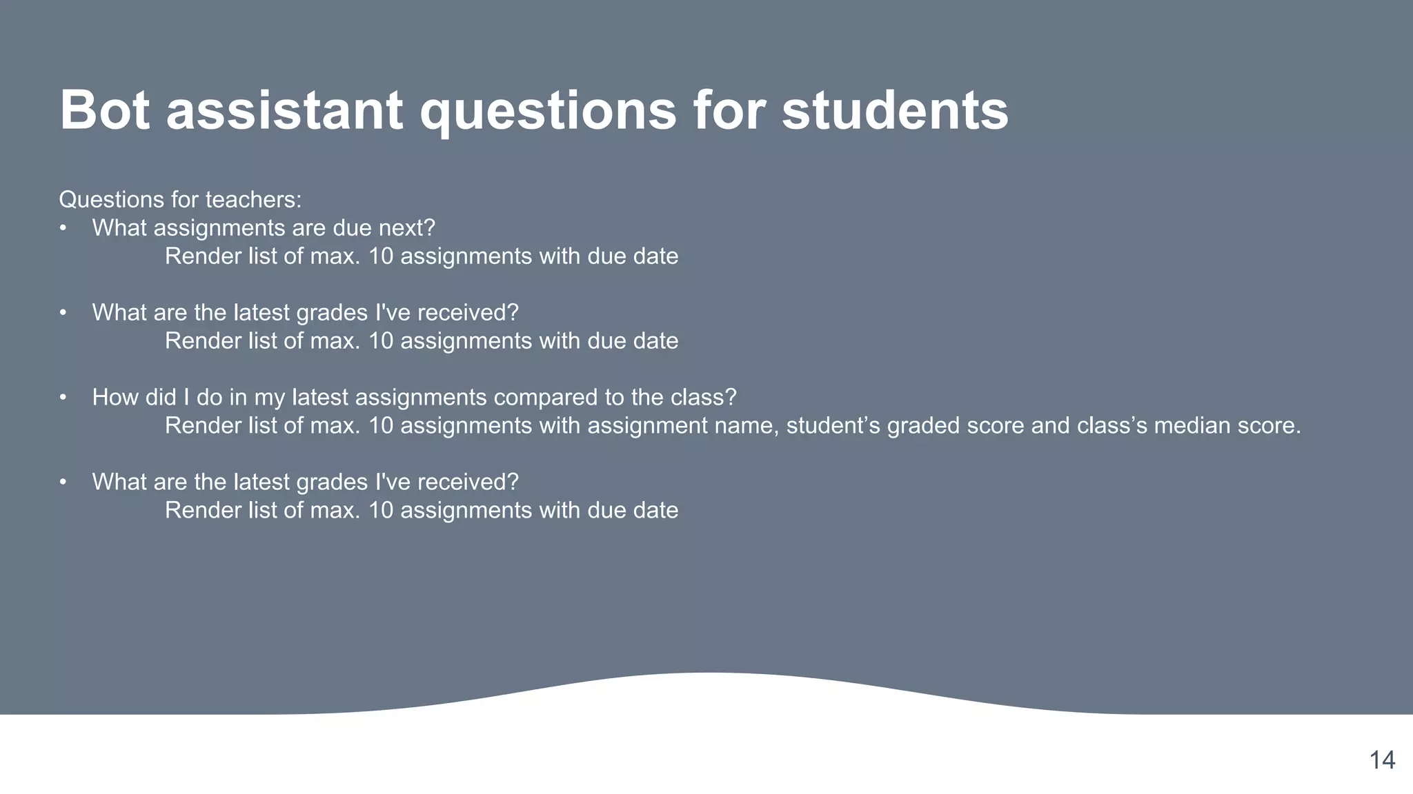 14
Bot assistant questions for students
Questions for teachers:
• What assignments are due next?
Render list of max. 10 assignments with due date
• What are the latest grades I've received?
Render list of max. 10 assignments with due date
• How did I do in my latest assignments compared to the class?
Render list of max. 10 assignments with assignment name, student’s graded score and class’s median score.
• What are the latest grades I've received?
Render list of max. 10 assignments with due date
 