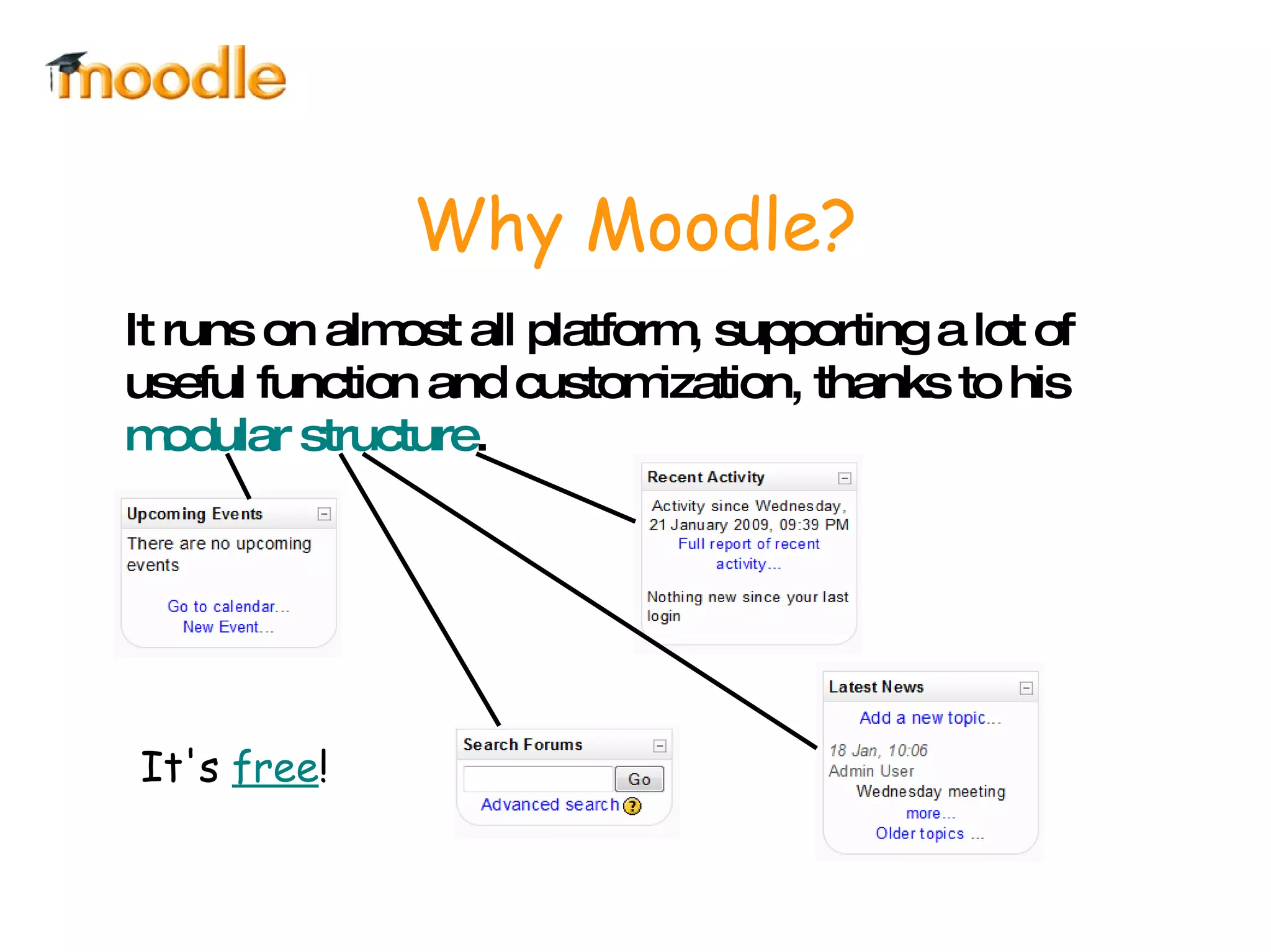 It runs on almost all platform, supporting a lot of useful function and customization, thanks to his  modular structure .  Why Moodle? It's  free ! 
