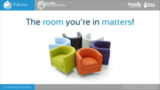 The room you’re in matters!

Facilitating Education

www.pukunui.com / info@pukunui.com
Phone: 1300 466 635 or +61 8 9328 4545

 