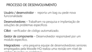 PROCESSO DE DESENVOLVIMENTO
Usuário / desenvolvidor - reporta um bag ou pede nova
funcionalidade
Desenvolvedores – Trabalham na pesquisa e implantação de
soluções de problemas específicos
CiBot - verificador de código automatizado.
Gestor de componente – Desenvolvedor responsável por um
modulo especifico.
Integradores - uma pequena equipe de desenvolvedores seniores
empregados pela Moodle HQ realiza uma revisão em nível de
 