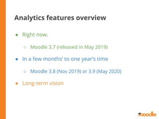 Analytics features overview
● Right now.
○ Moodle 3.7 (released in May 2019)
● In a few months’ to one year’s time
○ Moodl...