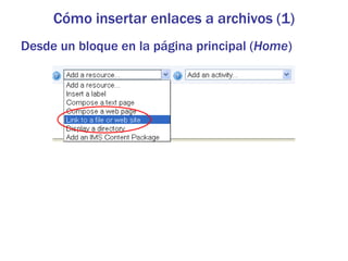 Cómo insertar enlaces a archivos (1)
Desde un bloque en la página principal (Home)
 