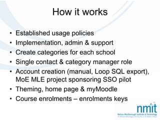 How it worksEstablished usage policiesImplementation, admin & supportCreate categories for each schoolSingle contact & category manager roleAccount creation (manual, Loop SQL export), MoE MLE project sponsoring SSO pilotTheming, home page & myMoodleCourse enrolments – enrolments keys