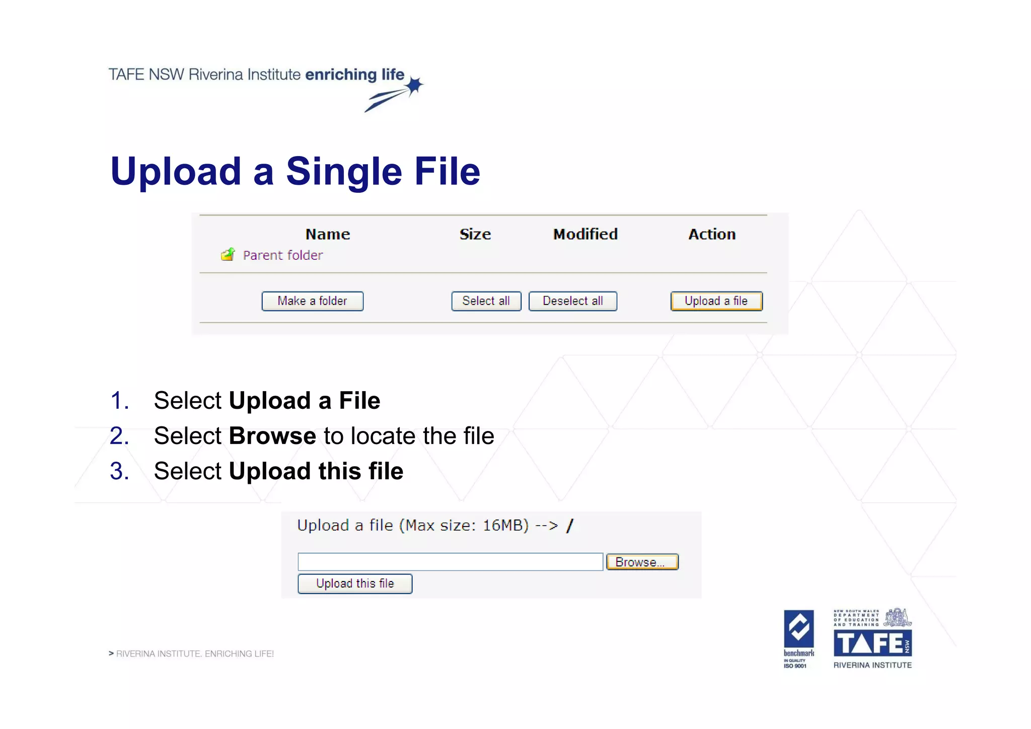 Upload a Single File




1. Select Upload a File
2. Select Browse to locate the file
3. Select Upload this file
 