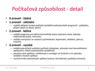 Počítačová způsobilost - detail
18. - 19. 10. 2016 12MoodleMoot.cz 2016
• 0.úroveň - žádná
• 1.úroveň - základní
– ovládá základní funkce počítače (ovládání jednoduchých programů - pokladna,
příjem zboží na sklad, apod.)
• 2.úroveň - běžná
– ovládá programy pro běžné kancelářské práce (zejména texty, tabulky,
elektronická pošta, internet),
– ovládá manipulaci se soubory (vyhledávání, kopírování, ukládání, přesun,
mazání).
• 3.úroveň - vysoká
– ovládá pokročilejší ovládání počítače (databáze, převody mezi kancelářskými
aplikacemi, řešení jednodušších problémů)
– používá nové aplikace, uvědomuje si analogie ve funkcích a ve způsobu
ovládání různých aplikací
– využívá funkcí jednotlivých aplikací (vzorce, formátování, grafická animace)
 