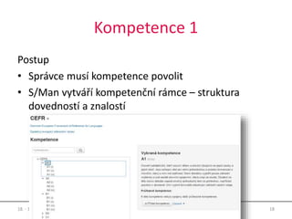 Kompetence 1
Postup
• Správce musí kompetence povolit
• S/Man vytváří kompetenční rámce – struktura
dovedností a znalostí
18. - 19. 10. 2016 18MoodleMoot.cz 2016
 