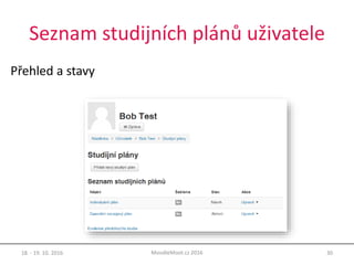 Seznam studijních plánů uživatele
Přehled a stavy
18. - 19. 10. 2016 30MoodleMoot.cz 2016
 