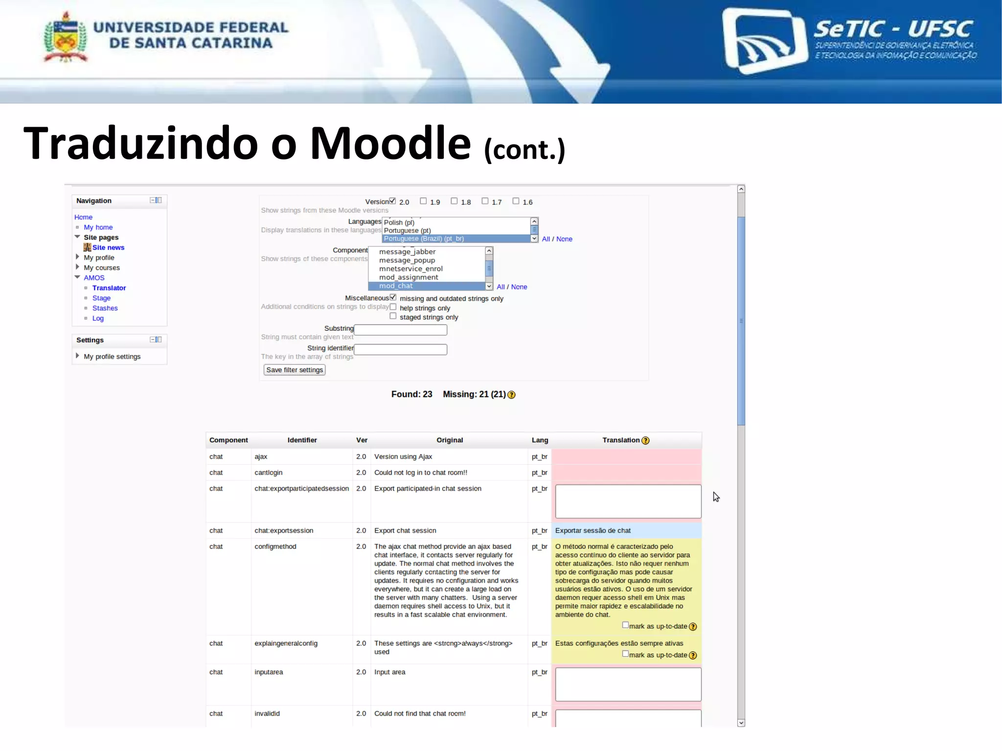 Traduzindo o Moodle  (cont.) 