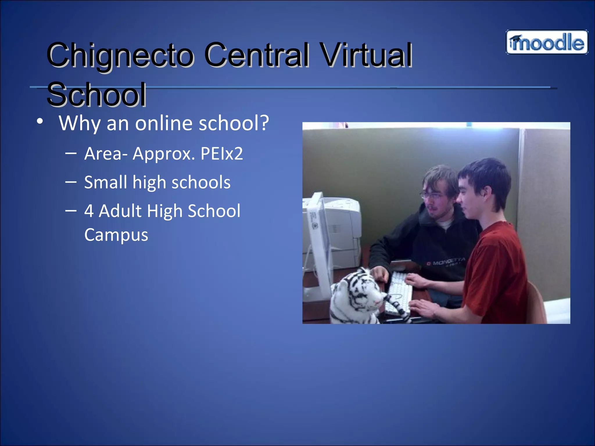 Why an online school? Area- Approx. PEIx2 Small high schools 4 Adult High School Campus Chignecto Central Virtual School 