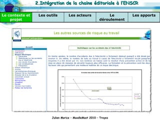 Julien Morice – MoodleMoot 2010 – Troyes 2.Intégration de la chaine éditoriale à l’ENSCR Les apports Le déroulement Les acteurs Les outils Le contexte et projet 
