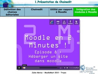 Julien Morice – MoodleMoot 2010 – Troyes 1.Présentation de Chainedit Intégration des modules à Moodle Utilité par rapport à Moodle Chainedit Définition des chaines éditoriales 