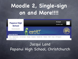 Moodle 2, Single-sign
  on and More!!!!




           Jacqui Land
Papanui High School, Christchurch
 