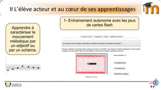 II L’élève acteur et au cœur de ses apprentissages
Apprendre à
caractériser le
mouvement
mélodique par
un adjectif ou
par un schéma.
1- Entrainement autonome avec les jeux
de cartes flash
 