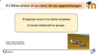 II L’élève acteur et au cœur de ses apprentissages
S’organiser autour d’un tâche complexe:
le travail collaboratif en groupe.
Auteur: Dominique Zahnd
Lycée Lambert, Mulhouse
 