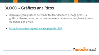 BLOCO – Gráficos analíticos
● Bloco que gera gráficos pretende facilitar decisões pedagógicas. Os
gráficos têm recursos de zoom e permitem uma comunicação rápida com
os alunos por e-mail.
● https://moodle.org/plugins/view.php?id=1307
 