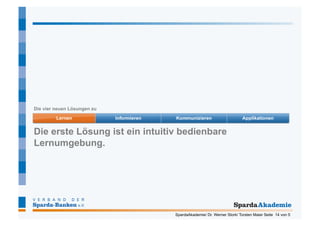 Die vier neuen Lösungen zu




Die erste Lösung ist ein intuitiv bedienbare
Lernumgebung.




                                SpardaAkademie/ Dr. Werner Stork/ Torsten Maier Seite 14 von 5
 