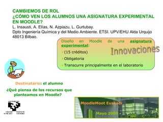 CAMBIEMOS DE ROL ¿CÓMO VEN LOS ALUMNOS UNA ASIGNATURA EXPERIMENTAL EN MOODLE? L. Insausti, A. Elías, N. Azpiazu, L. Gurtubay. Dpto Ingeniería Química y del Medio Ambiente.  ETSI. UPV/EHU Alda Urquijo 48013 Bilbao. Innovaciones Destinatario : el alumno ¿Qué piensa de los recursos que planteamos en Moodle?   Mayo 2009 MoodleMoot Euskadi ,[object Object],[object Object],[object Object],[object Object]