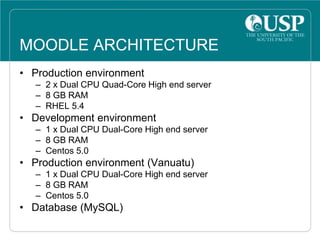 MOODLE ARCHITECTURE
• Production environment
– 2 x Dual CPU Quad-Core High end server
– 8 GB RAM
– RHEL 5.4
• Development environment
– 1 x Dual CPU Dual-Core High end server
– 8 GB RAM
– Centos 5.0
• Production environment (Vanuatu)
– 1 x Dual CPU Dual-Core High end server
– 8 GB RAM
– Centos 5.0
• Database (MySQL)
 