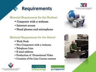 HYBRID DELIVERY
Material Requirement for the Student:
 Computer with a webcam
 Internet access
 Head phones and microphone
Material Requirement for the School:
 Work Desk
 Two Computers with a webcam
 Telephone Line
 E-mail address
 Production of Promotional Video
 Creation of On-Line Course content
Requirements
 
