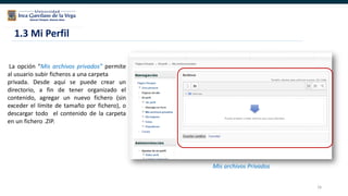 16
La opción “Mis archivos privados” permite
al usuario subir ficheros a una carpeta
privada. Desde aquí se puede crear un
directorio, a fin de tener organizado el
contenido, agregar un nuevo fichero (sin
exceder el límite de tamaño por fichero), o
descargar todo el contenido de la carpeta
en un fichero .ZIP.
1.3 Mi Perfil
Mis archivos Privados
 
