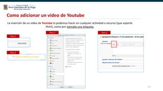 170
Como adicionar un video de Youtube
La inserción de un video de Youtube lo podemos hacer en cualquier actividad o recurso (que soporte
Html), como por ejemplo una etiqueta.
Paso 1
Paso 2
Paso 3 Paso 4
 