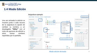 20
Una vez activada la edición se
muestra junto a cada recurso
de la asignatura la opción de
cambiar su nombre, y un
desplegable “Editar” con el
resto de opciones de edición y
otros iconos similares
repartidos por la pantalla.
1.4 Modo Edición
Modo edición Activado
 