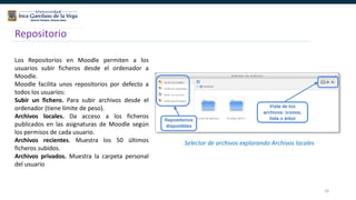 26
Repositorio
Los Repositorios en Moodle permiten a los
usuarios subir ficheros desde el ordenador a
Moodle.
Moodle facilita unos repositorios por defecto a
todos los usuarios:
Subir un fichero. Para subir archivos desde el
ordenador (tiene límite de peso).
Archivos locales. Da acceso a los ficheros
publicados en las asignaturas de Moodle según
los permisos de cada usuario.
Archivos recientes. Muestra los 50 últimos
ficheros subidos.
Archivos privados. Muestra la carpeta personal
del usuario
Selector de archivos explorando Archivos locales
 