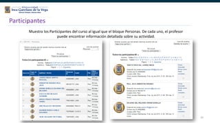 50
Participantes
Muestra los Participantes del curso al igual que el bloque Personas. De cada uno, el profesor
puede encontrar información detallada sobre su actividad.
 