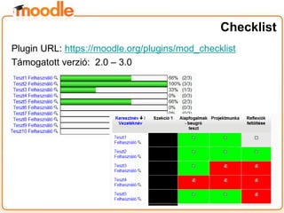 Plugin URL: https://moodle.org/plugins/mod_checklist
Támogatott verzió: 2.0 – 3.0
Checklist
 