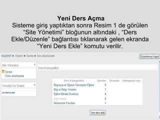   Yeni Ders Açma Sisteme giriş yaptıktan sonra Resim 1 de görülen “Site Yönetimi” bloğunun altındaki , “Ders Ekle/Düzenle” bağlantısı tıklanarak gelen ekranda “Yeni Ders Ekle” komutu verilir. 