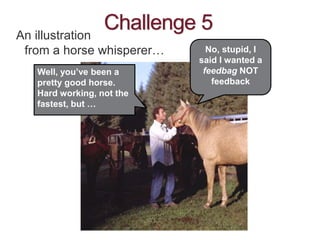 Challenge 5An illustration
from a horse whisperer…
Well, you’ve been a
pretty good horse.
Hard working, not the
fastest, but …
No, stupid, I
said I wanted a
feedbag NOT
feedback
 
