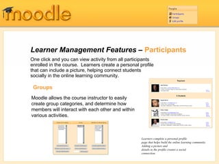 Learner Management Features –  Participants One click and you can view activity from all participants enrolled in the course.  Learners create a personal profile that can include a picture, helping connect students socially in the online learning community. Learners complete a personal profile page that helps build the online learning community.  Adding a picture and details to the profile creates a social connection. Groups Moodle allows the course instructor to easily create group  categories, and determine how members will interact with each other and within various activities .  