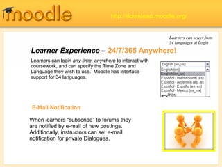Learner Experience –  24/7/365 Anywhere! Learners can select from 34 languages at Login Learners can login  any time, anywhere  to interact with coursework, and can specify the Time Zone and Language they wish to use.  Moodle has interface support for 34 languages.  http://download.moodle.org/ When learners “subscribe” to forums they are notified by e-mail of new postings.  Additionally, instructors can set e-mail notification for private Dialogues. E-Mail Notification 