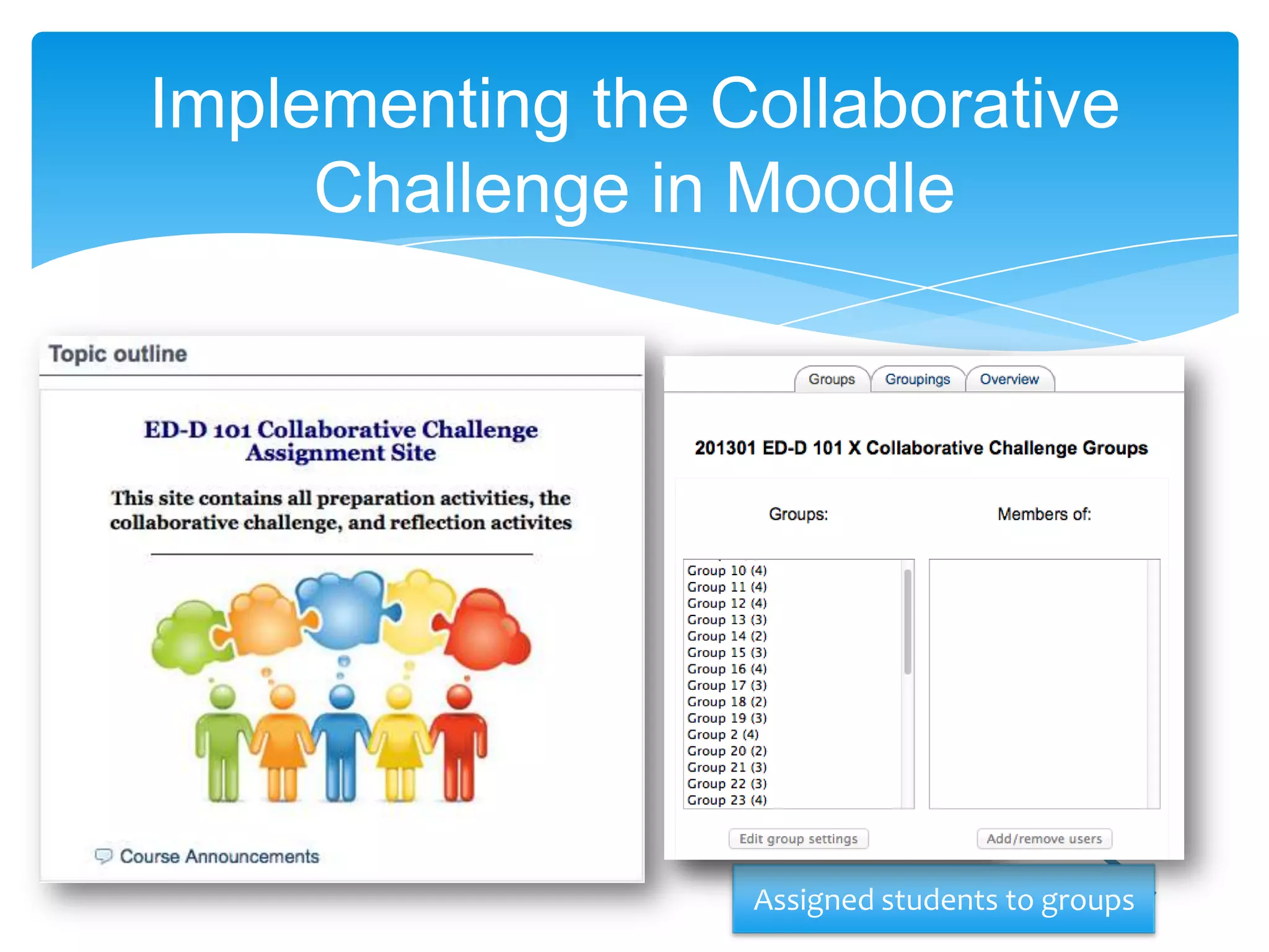 Implementing the Collaborative
     Challenge in Moodle




                  Assigned students to groups
 