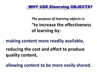 WHY USE Elearning OBJECTS?The purpose of learning objects is:“to increase the effectiveness of learning by: making content more readily available,reducing the cost and effort to produce quality content,allowing content to be more easily shared.