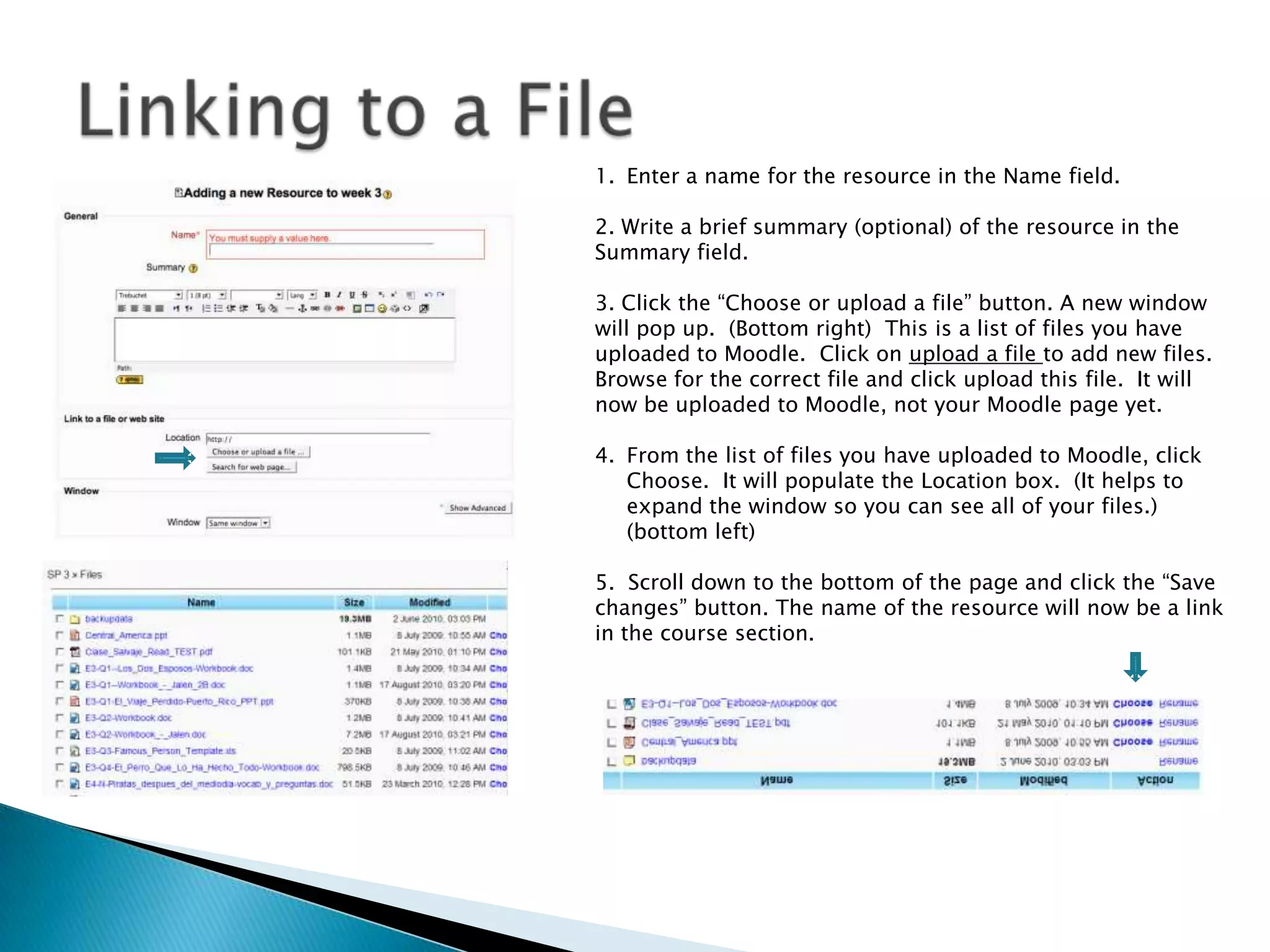Composing a Web PageEditing must be on, choose Composing a Web Page from the Add a Resource menuEnter a name for the web page in the Name field.2. Write a brief summary (optional) of the web page in the Summary field.3. Create your web page using the built-in HTML editor.The Moodle HTML editor doesn’t work in all browsers. Currently, it worksin Netscape 7, Internet Explorer 5.5 or later, Mozilla 1.7, and Firefox. Itdoesn’t work in Safari, or Opera.4.   Scroll down to the bottom of the page and click the “Save changes”References: Moodle Docs Web Page (http://docs.moodle.org/en/Web_page)Using Moodle, Chapter 3, Composing a Web Page